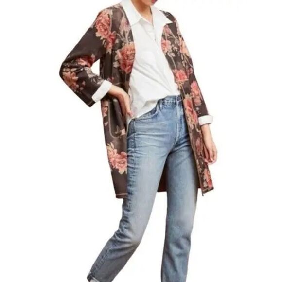ANTHROPOLOGIE Solitaire Faux Suede Lightweight Duster Jacket Floral, Size L - Picture 1 of 13